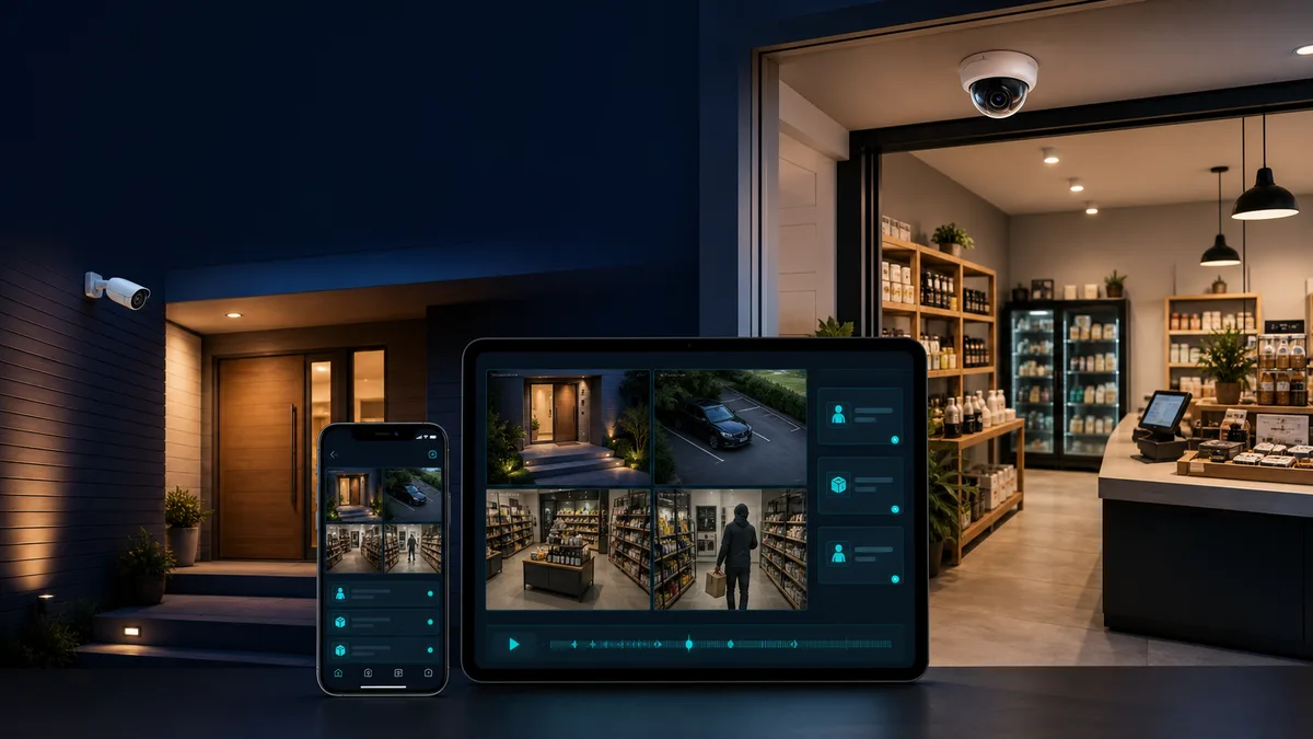 Secure Watch product illustration showing cameras and a monitoring interface